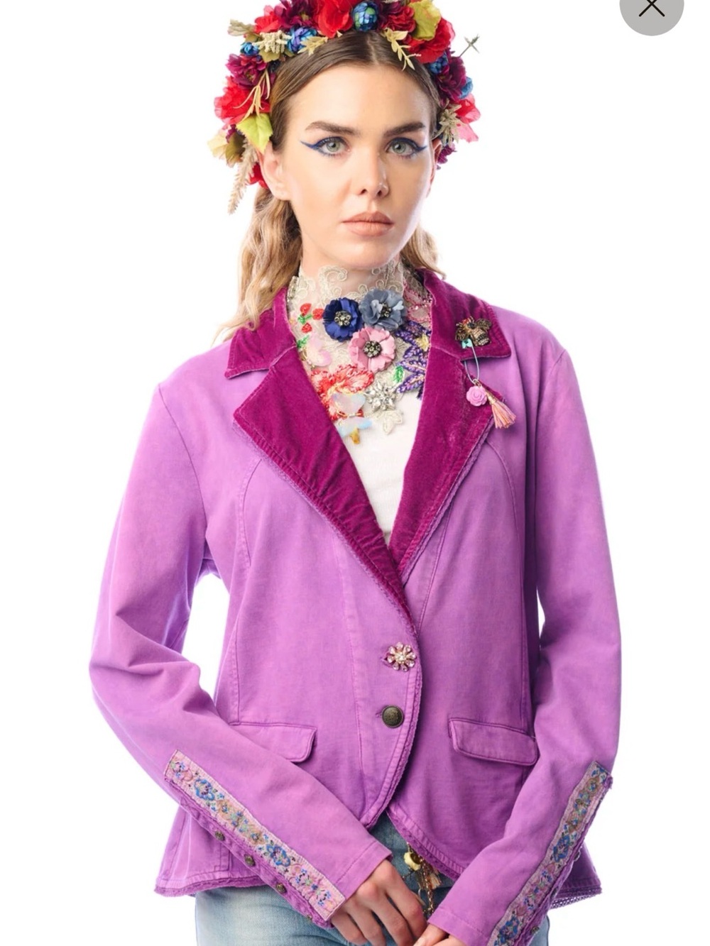 Aratta Colonel Velvet-Trim Blazer Jacket in Violet #boho #cottagecore #tailored